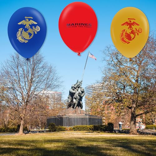 Image of U.S. Marines Party Balloons (10pcs) 12 inch Latex Balloons in Red, Gold, and Blue with contrasting print on 2 sides. Officially Licensed by the U.S.Marines - Made in Italy - by Havercamp.