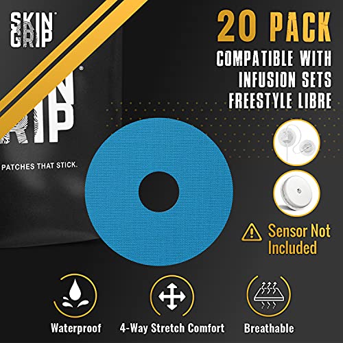 Image of Skin Grip Universal Adhesive Patches for CGM and Insulin Pumps with Cutout (20-Pack), 0.8-Inch Hole, Waterproof & Sweatproof for 10-14 Days, Glucose Monitor Patch, Diabetic Sensor Cover, Blue