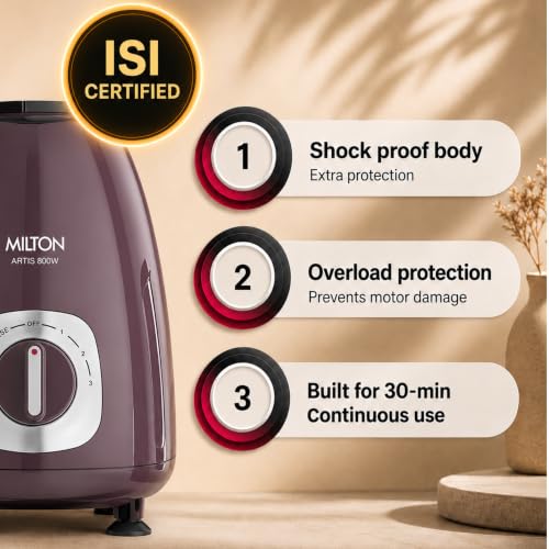 Image of Milton Artis Mixer Grinder, ISI Certified, Grindstone Blade Technology, 3 Jar, 800 W (22000 RPM), 5 yr motor warranty, 2 yr product warranty I Wine