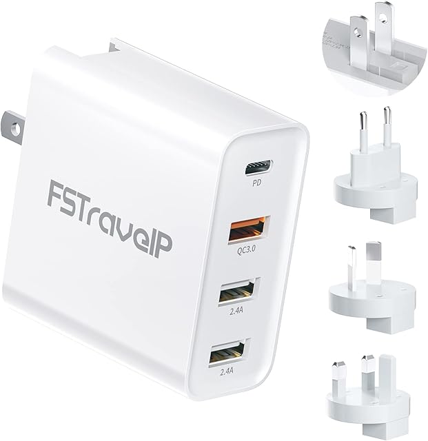 Travel Adapter 4-Port USB Universal Plug Adaptor 60W, FSTravelP Travel Charger with PD30W USB C Fast Charging, Travel Plug Adapter Worldwide with UK EU USA AUS Plugs for Phone Laptop Tablets & More