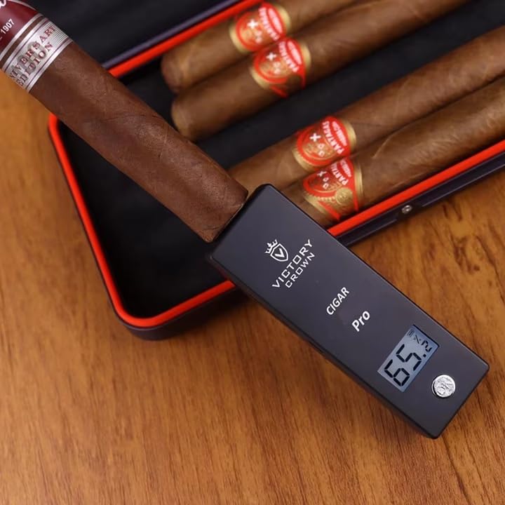 Electric Cigar Humidity Meter with LCD Display Digital Rechargeable Moisture Guage Tester Reader Humidor Hygrometer Needle Smoking Tobacco Accessories Husband Father Gifts (Black)