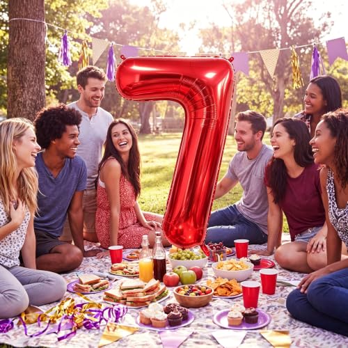 Image of Number Balloons Red Party Balloon - 40 Inch Large Number 7 Balloon, Numbers Balloon Birthday Decorations, Red Party Supplies for Anniversary