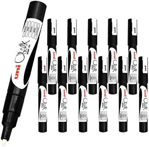 12 x Uni-Ball Wet Erase Liquid Chalk Marker Pens For Glass (Windows & Mirrors), Whiteboards, Signs And Non-Porous Blackboards (0.9-1.3mm Bullet Tip) - WHITE