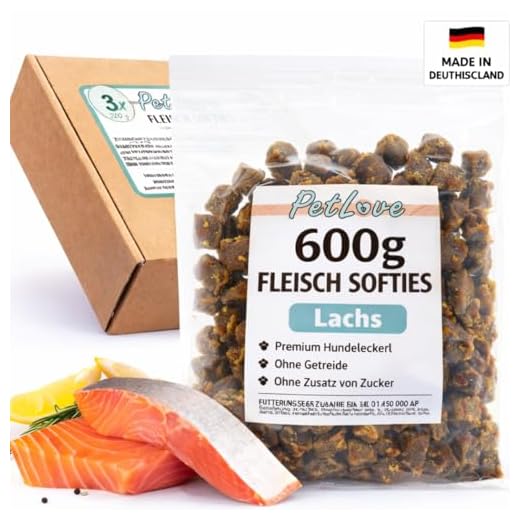PetLove Premium Fleisch Softies Trainings-Leckerli mit hohem Fleischanteil – Getreidefreier Hundesnack - Lachs 3x200g