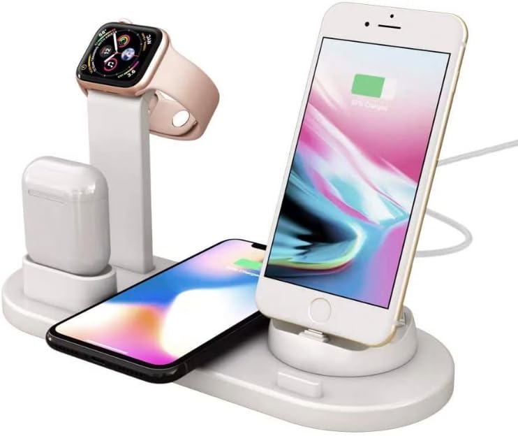Wireless Charging Stand, 6 in 1 Multi-Functional Charging Dock, Qi Fast Wireless Charger Station for iPhone, Apple Watch, AirPods, and Androids (White)