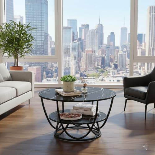 Image of CROWN ART SHOPPEE Round Storage Coffee Table Contemporary Coffee Table for Living Room Wood Top with Metal Frame (Black Black O)