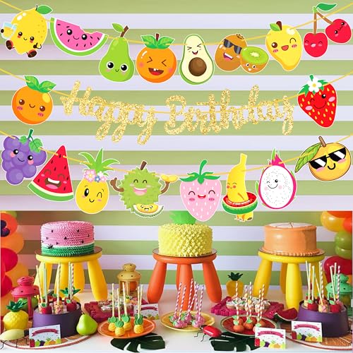 Image of Fruit Theme Birthday Banners Tutti Frutti Party Gold Happy Birthday Banners Summer Fruit Hanging Decoration for Watermelon Strawberry Theme Birthday Party Supplies