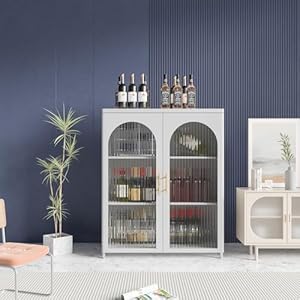 Farmhouse Coffee Bar Cabinet, Metal Kitchen Sideboard Buffet Cabinet with Glass Doors & Adjustable Shelves, White Bar Glass Cabinet Console Table for Dining Living Room,Hallway,Entryway Farmhouse Coffee Bar Cabinet Metal Kitchen Sideboard Buffet Cabinet with Glass Doors Adjustable Shelves White Bar Glass Cabinet Console Table for Dining Living RoomHallwayEntryway