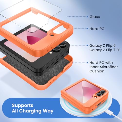 Image of Ruky for Samsung Z Flip 6 Full Body Slim Case, Orange | Protective Cover Hard PC Ultra Anti-Scratches Shockproof Wireless Charging Phone Case for Samsung Galaxy Z Flip 6, Orange