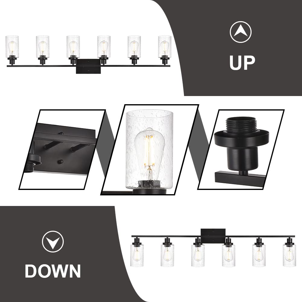 MELUCEE 6-Light Vanity Lighting Fixtures Black Finish with Seeded Glass Shade, Farmhouse Bathroom Light Indoor Wall Mount Lamp for Bedroom Living Room Kitchen