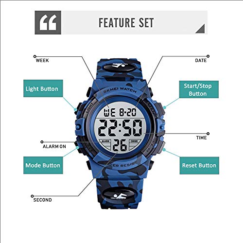 Venhoo Kids Watch Digital Outdoor Sport Waterproof 7 Colors EL-Lights Electrical Watches with Alarm Luminous Stopwatch Casual Child Wrist Watch for Teenager Boys Girls-Blue Camouflage - Thumbnail 3