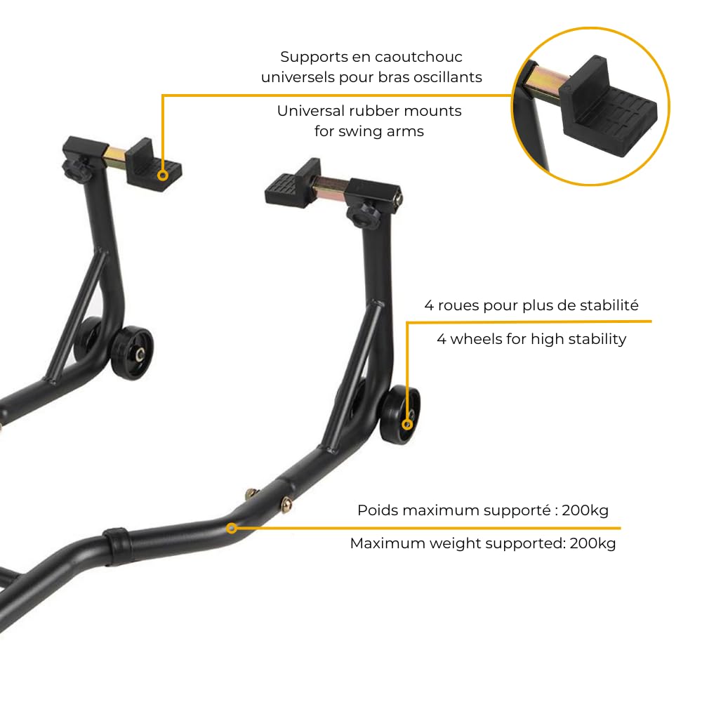 Béquille d'atelier Moto Arrière avec Support en Caoutchouc Black