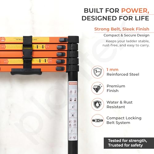 Image of Plantex 2.3m (7.55 ft.) Telescopic Ladder /Carbon Steel 6-Steps Portable & Compact Ladder /Foldable Multipurpose Collapsible Ladder for Home & Outdoor Use - (Orange)