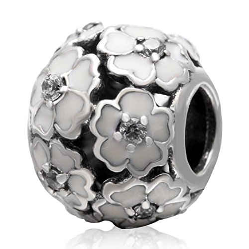 925 Sterling Rose Charm Flower Charm Love Charm Anniversary Charm Valentine Charm Birthday Charm for Pandora Charms Bracelet (White)