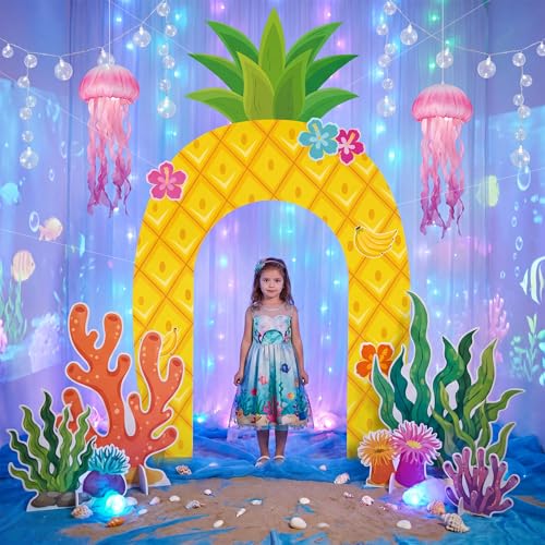 Image of Funrous Pineapple Door Banner Under The Sea Party Decor Yellow Cartoon Porch Banner Pineapple Door Sign Set Summer Photo Booth Props Backdrops for Birthday Baby Shower Outdoor Indoor Decorations