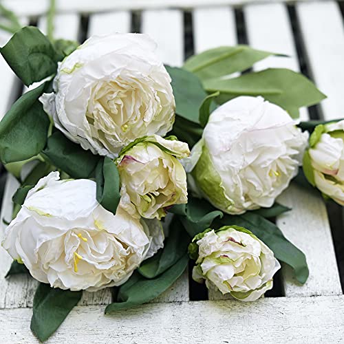 Image of FiveSeasonStuff Vintage White Peonies - Realistic Artificial Silk Flowers with Dry-Look Petals, 6 Stems for Rustic Home & Wedding Bridesmaids Bouquet Bridal Showers