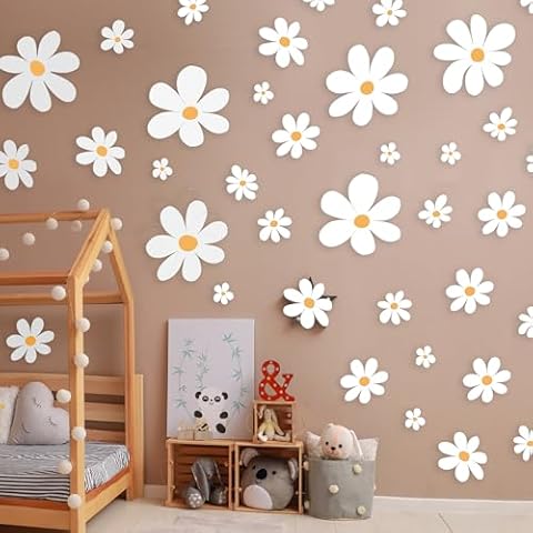 Classic Style Daisy Wall Decal - 12 Sheets of Big White Vinyl Flower Wall Stickers - Daisy Decor Ideal for Kids Girls Nursery, Playroom, Bedroom, and Living Room - Peel and Stick Floral Stickers Cover