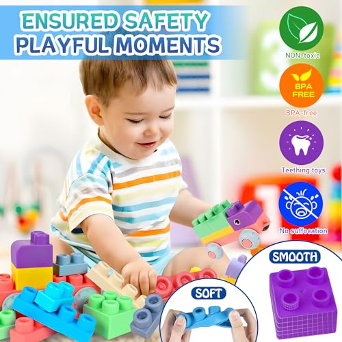 Soft Building Blocks for Toddlers, Baby Blocks Stacking Blocks for Toddlers 1-3 STEM Toddler Gifts, Baby Soft Rubber Block Compatible with Mega Building Blocks for Preschool, 40 PCS - Image 2