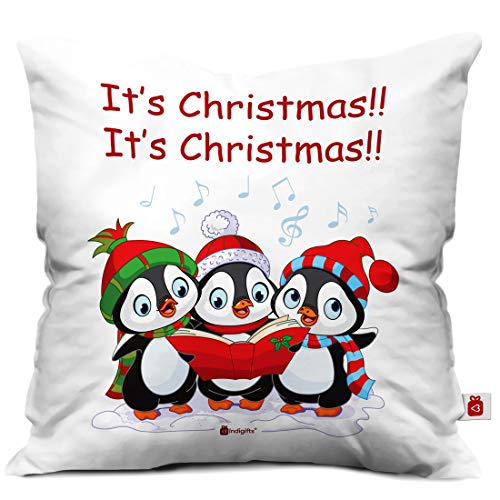 Image of Indigifts It's Christmas Printed Micro Satin and Fibre Cushion Cover with Filler (12x12-inch, White) & Magnet Combo Set