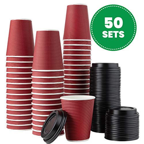 Plasticpro [50 Sets - 12 Oz.] Insulated Rippled Double Wall Paper Hot Coffee Cups With Lids, Burgundy #TOP1