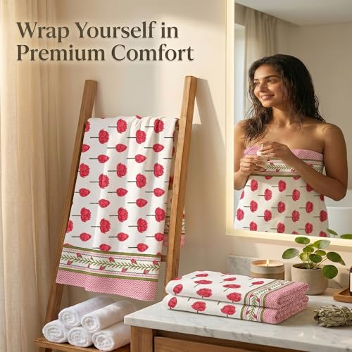 Image of Mafatlal Madhuban Premium Cotton Waffle Set (1 Bath 147x76 cm + 2 Hand 76x38 cm) | 250 GSM | Soft, Absorbent & Hand Printed | Sugar Plum