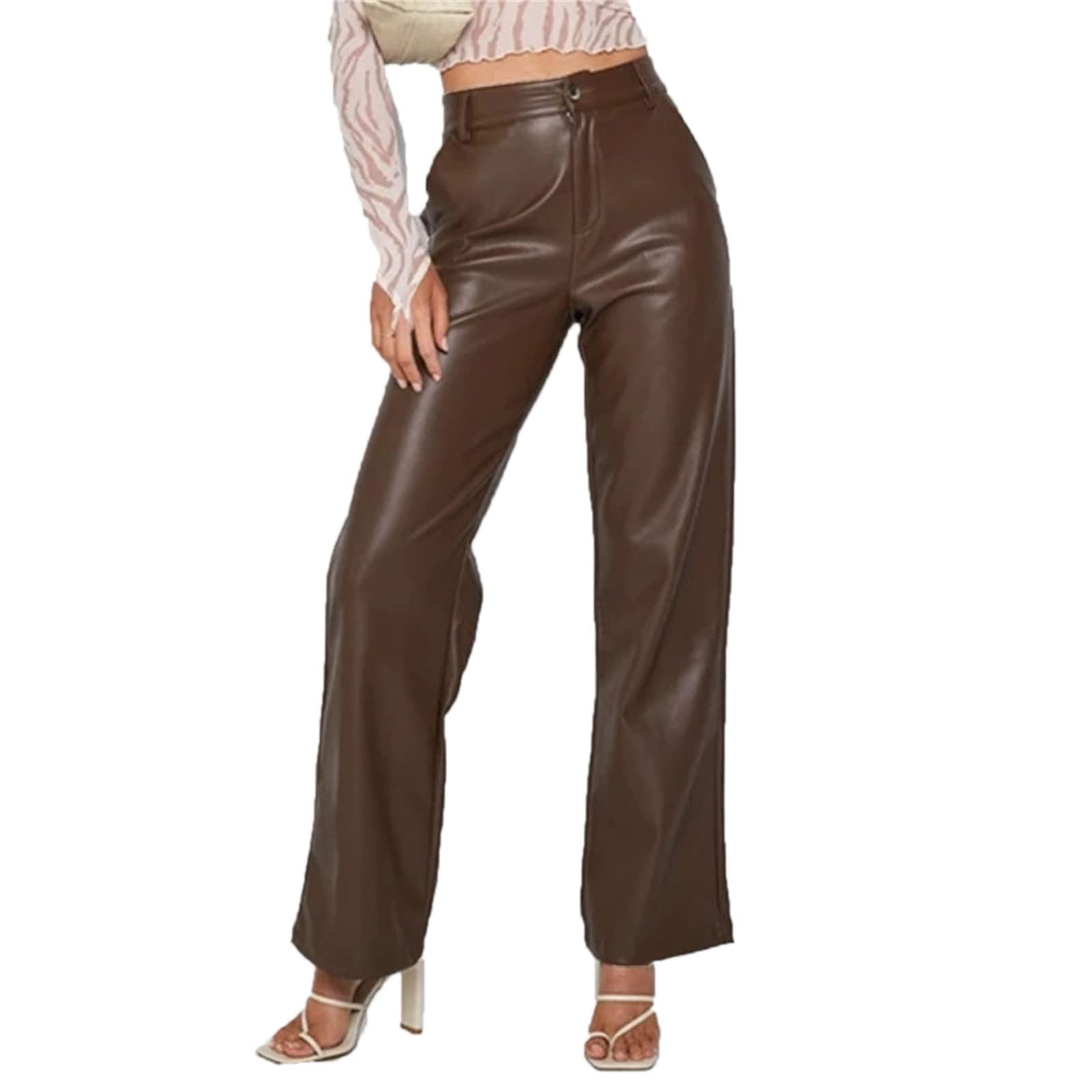 Pantalon vintage en cuir synthétique pour femme avec poches - Taille haute - Effet mouillé - Jambe large - Coupe droite, marron, XXL
