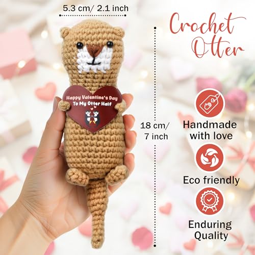 Image of Cute Crochet Otter Valentine's Day Gift - Handmade Love Otter Holding Heart - Romantic inchto My Otters Half inch Gift for Him or Her - Valentine Keepsake for Wife, Husband, Girlfriend or Boyfriend