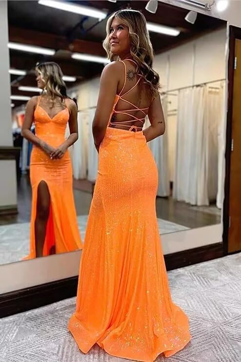 Sparkly Sequin Mermaid Prom Dresses Spaghetti Straps V Neck Backless Long Evening Party Dresses for Women with Slit2