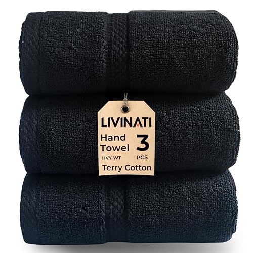 Black 100% Cotton Bath Hand Towels for Bathroom - Thick Luxury Soft Plush Fluffy Bulk Hotel Towels 3 Pack - Toallas De Mano para Bao - Size 16X29 Medium Large Size Face Spa Handtowels Towles