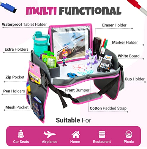 Image of Kids Travel Tray with Dry Erase Board - Car Seat Tray for Kids Travel, Carseat Table Top for Toddler, Lap Desk for Car Seat, Activity Organizer & Snack Holder, Road Trip Essentials for Kid (Pink)