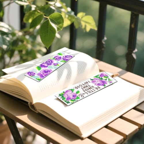 Image of FREEBLOSS 6 Set Cross Stitch Bookmark Kits Purple Rose Pattern Stamped Cross Stitch Kit 11CT Embroidery Kit with Instructions for Beginners 20x6cm /8x2.4inch