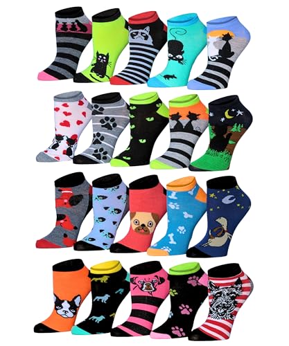 Tipi Toe Women's 20 Pairs Funny Novelty Low Cut Colorful Patterned Socks For Women Size 9-11 & 10-13