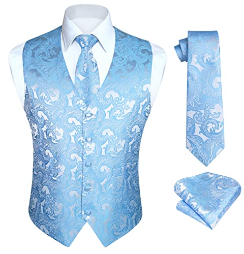 Image of HISDERN Mens Vest Tie Set 3PC Formal Waistcoat Paisley Floral Jacquard Necktie Pocket Square Suit Vests Wedding Party