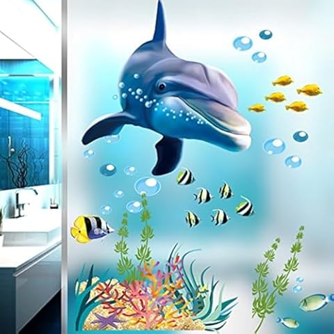 Ocean Wall Stickers for Under The Sea Theme Cute Fish Blue Dolphin Seagrass Coral Wall Mural Multicolored for Nursery Kids Room (Under The Sea) Cover