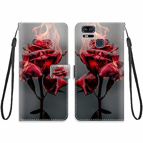 KARTXITAI Funda Compatible con ASUS ZENFONE 4 Selfie ZB553KL,PU Libro con Tapa magnético Flip Case en Cuero Antigolpes Cover con Dibujos Ranura Tarjeta Soporte Cartera-Rosas Rojas,Fuego