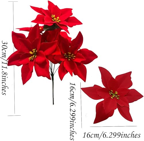 Miniatura 5 de Paquete de 8 ramos de flores de Pascua artificiales de Navidad, 7 cabezas, arbustos de flor de pascua de seda, adornos para árbol de Navidad,