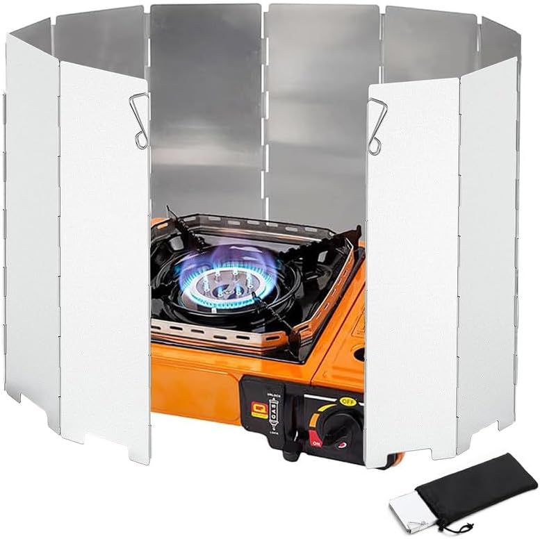 Foldable Stove Windshield 10 Panel Aluminum, Wind Guard for Gas Stove, Wood Stove & Outdoor Burner, Portable & Easy to Carry Along with Drawstring Bag