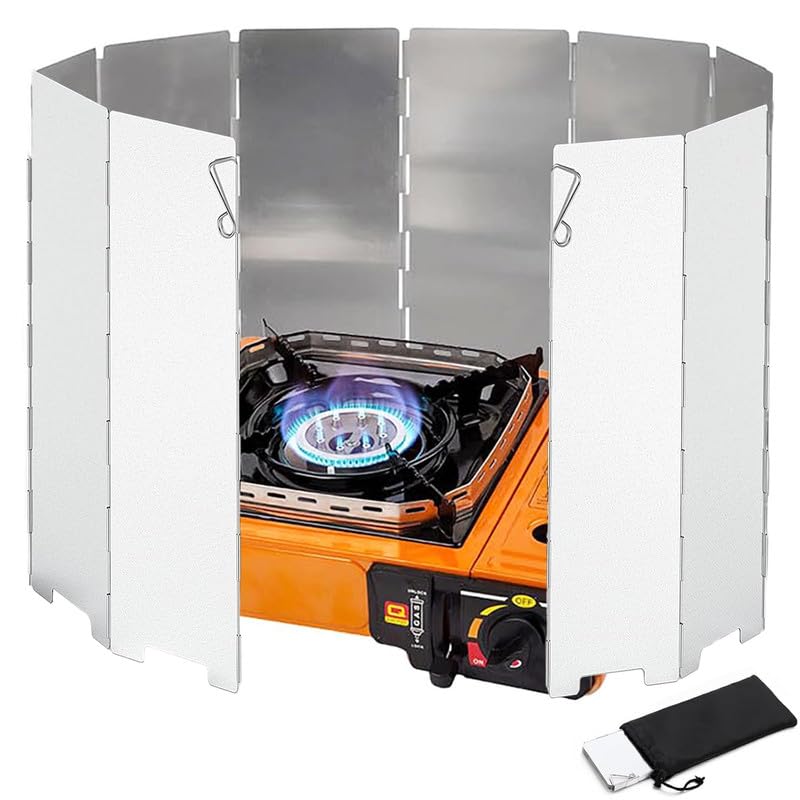 Foldable Stove Windshield 10 Panel Aluminum, Wind Guard for Gas Stove, Wood Stove & Outdoor Burner, Portable & Easy to Carry Along with Drawstring Bag