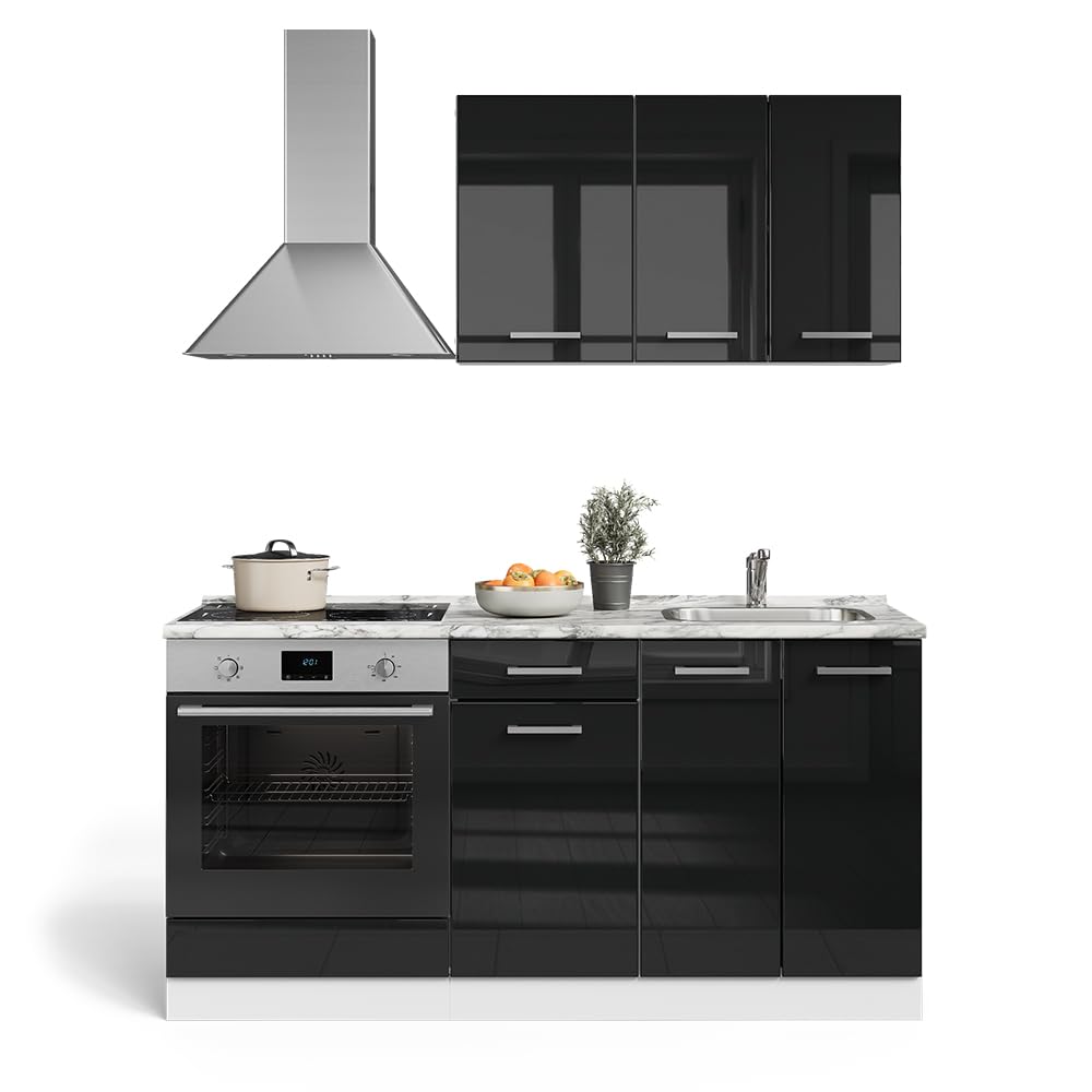 Vicco Cuisine R-Line Noir Brillant Blanc 160cm Meuble Four Encastrable Préparé Intégration Appareils Électroménagers Évier