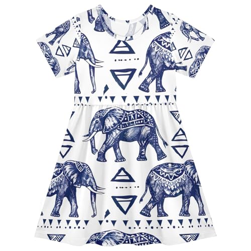 Girls Short Sleeve Dress Toddler Kids Summer Sundress Tribal Elephant Print Playwear Casual Outfits, 2T