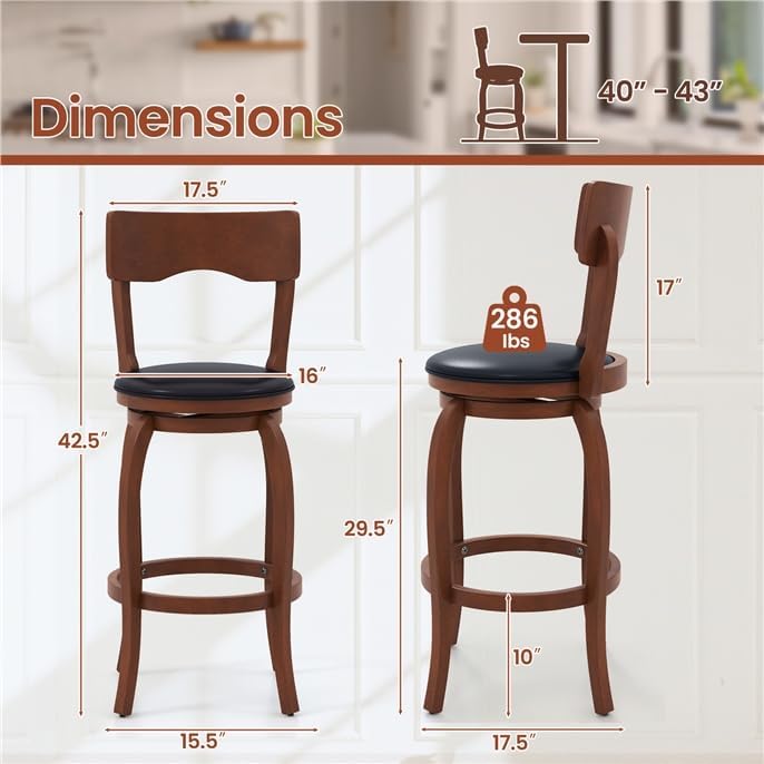 ERGOMASTER Swivel Bar Stools, Stools with Back Support, Rubber Wood Frame, Upholstered Seat Barstools for Kitchen Island, Home Bar, Pub (2, 29 Inch)