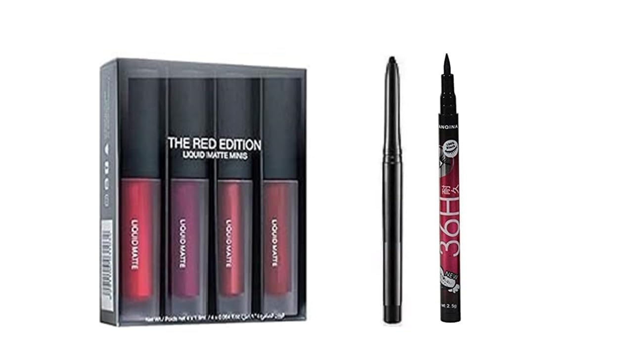 JustTya | Professional Beauty Combo of 1 Fabulous Matte Shades 4 lipstick in 1 Red Edition Lipstick Set With 36H Eyeliner and 1 Kajal Pencil-(Pack of 3)-image-4