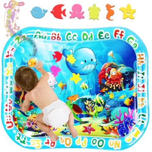 Image of GARNHLOB Baby Water Mat Large 37.4"x29.9", Safe Inflatable Tummy Time Water Play Mat for Infants & Toddlers with Climate Pledge Friendly, Newborn Sensory Water Pad for Christmas Gift (Blue)