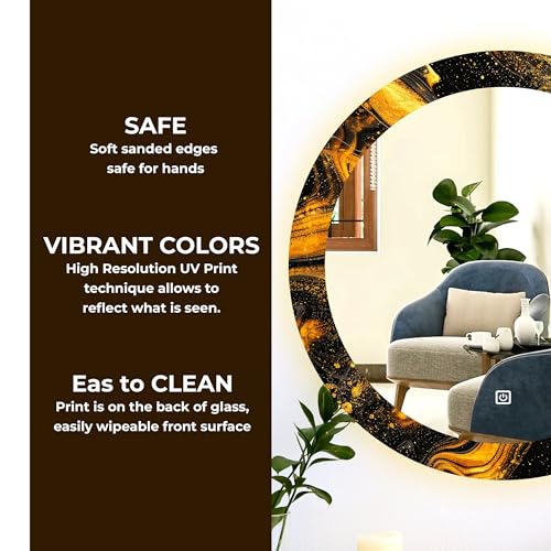 Image of NEVEX Glass Round 24x24 Inch Decorative Art Unique UV Printed Smart LED Mirror with 3 Color Lights (Warm White, Cool White & Natural White) | Fancy Wash Basin Wall Mirror for Modern Home Decor