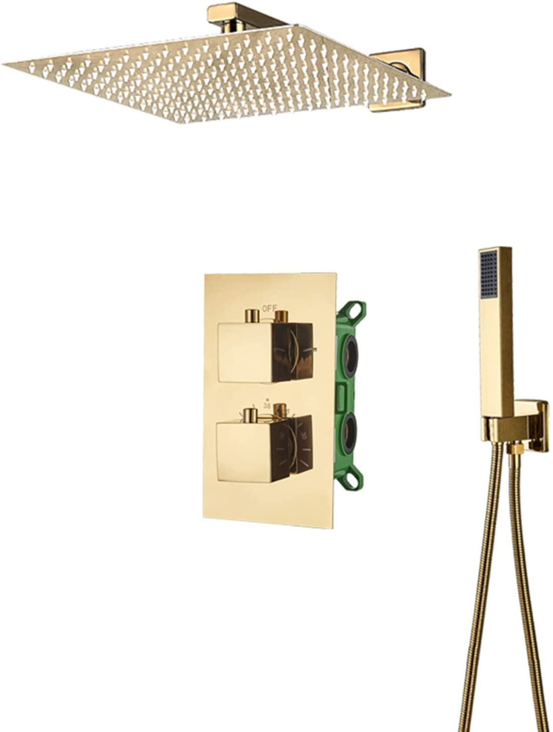 SnamicE Shower System Concealed Thermostatic Shower Mixer Set Wall Mounted Shower Faucet Set with Hand Shower and Rainfall Shower Head Advanced Air Technology Brass Gold,8 Inch