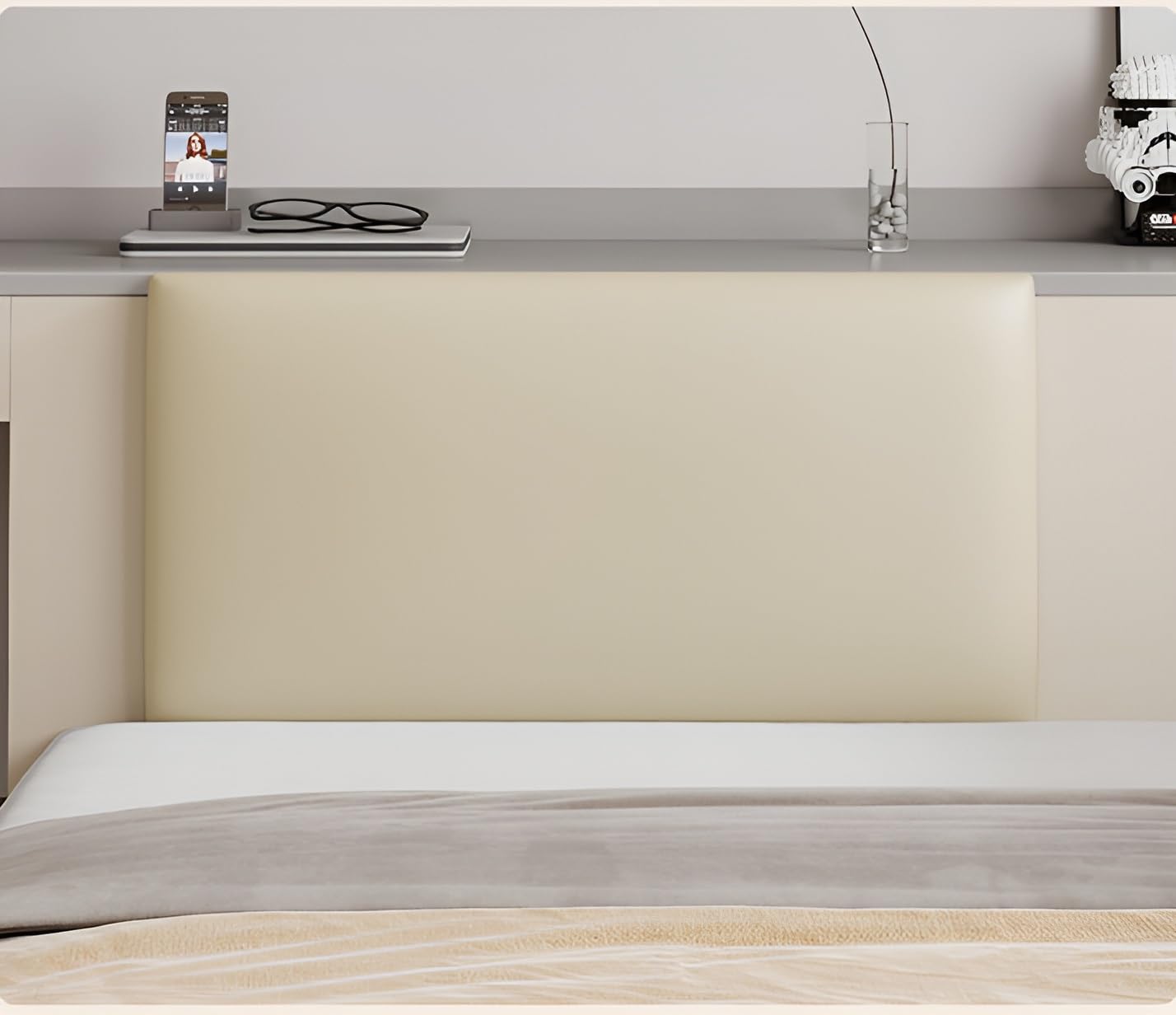 3D Thicken Upholstered Wall Panels PU Leather, Padded Wall Panels for Bedroom Easy Installation, Anti-collision, Peel and Stick Headboards for Bedroom, Children's Room, Hotel ( Color : Beige , Size :