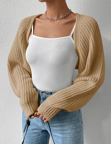 Image of Women's Long Sleeve Open Front Knitted Crop Cardigan Drop Shoulder Knit Bolero Shrug Sweater