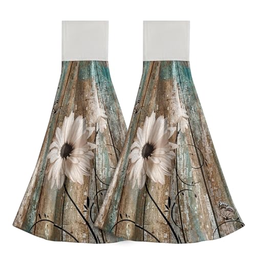 Giwawa-2Pcs-Rustic-Daisy-Flower-Kitchen-Hand-Towels-Vintage-Wooden-Board-Hanging-Tie-Towels-with-Loop-Hook-Soft-Vintage-White-Flower-Rustic-Barnwood-Dishcloths-for-Bathroom-Washroom-Guestroom-Hotel Giwawa 2Pcs Rustic Daisy Flower Kitchen Hand Towels Vintage Wooden Board Hanging Tie Towels with Loop Hook Soft Vintage White Flower Rustic Barnwood Dishcloths for Bathroom Washroom Guestroom Hotel