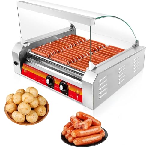 1700W Hot Dog Rollers,30 Hot Dog Capacity 11 Non-Stick Stainless Steel Rollers,Hot Dog Machine with Dust Cover,Hot Dog Roller Machine with Dual Temp Control and Led Light/Detachable Drip Tray (White)