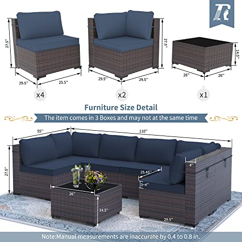 Image of 7 Pieces Outdoor Patio Furniture Set,Outdoor Sectional Furniture All Weather PE Rattan Wicker Patio Conversation Set with Coffee Table and 6 Thickened Cushions,Navy Blue